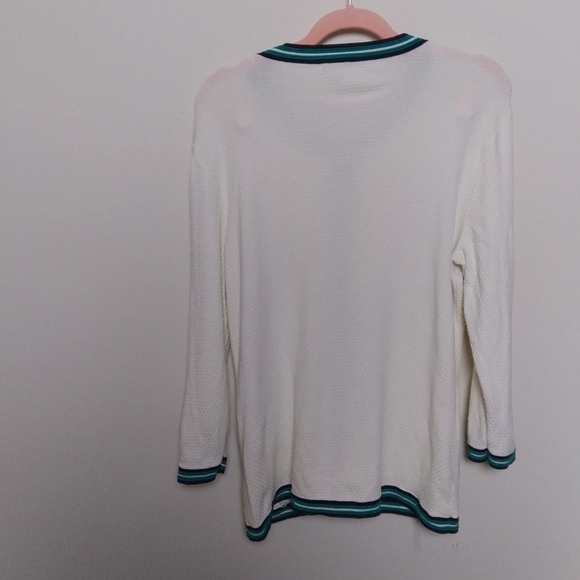 Talbots Striped Cream and Green Faux Pearl Button Up Cardigan Sweater Medium - Picture 2 of 8